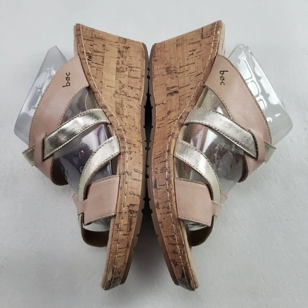 Born BOC Cork Wedge Sandal Womens 9 Brown Leather Open Toe Strappy Slip On